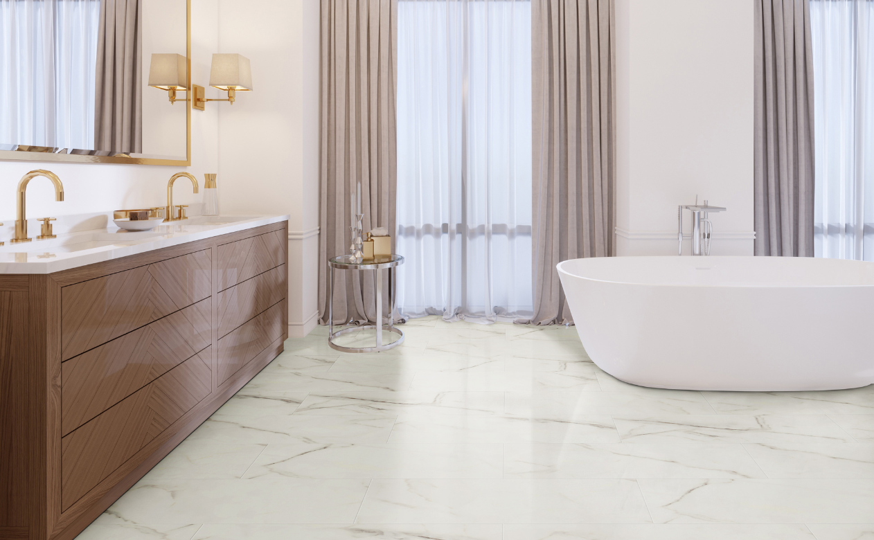 White marble-look vinyl tile in the bathroom.